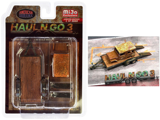 "Haul N Go 3" 6 piece Diecast Model Set (1 Flatbed Trailer 1 Abandoned Car 2 Ramps) Limited Edition 1/64 scale models by American Diorama