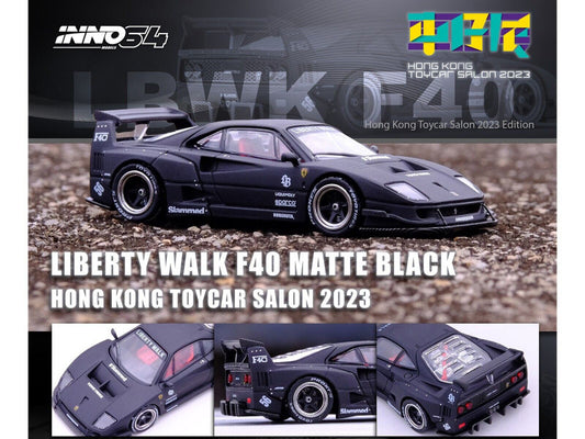 LBWK (Liberty Walk) F40 Matte Black "Hong Kong Toycar Salon 2023 Special Edition" 1/64 Diecast Model Car by Inno Models