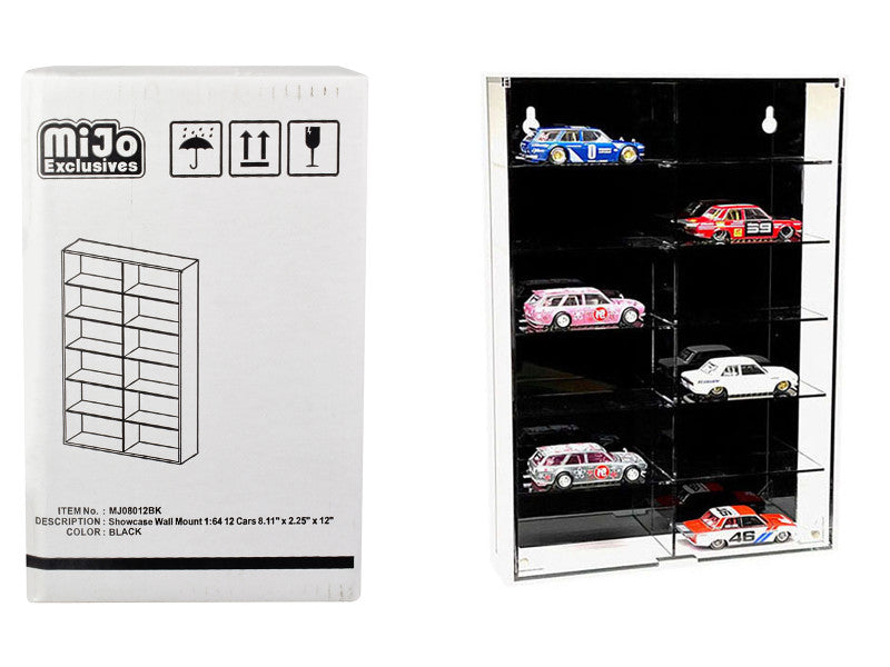 Showcase 12 Car Display Case Wall Mount with Black Back Panel for 1/64 Scale Models