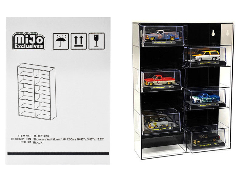 Showcase 12 Car Display Case Wall Mount with Black Back Panel and Extra Space for 1/64 Scale Models