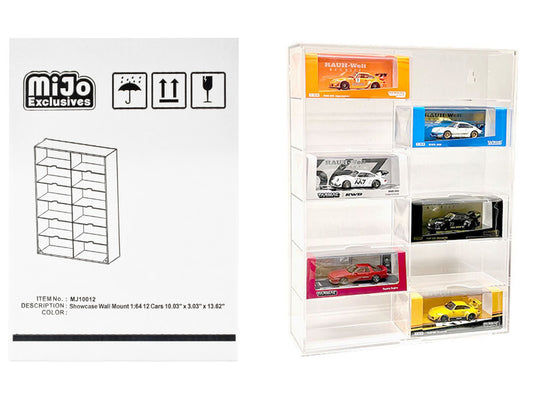 Showcase 12 Car Display Case Wall Mount with Clear Back Panel and Extra Space for 1/64 Scale Models