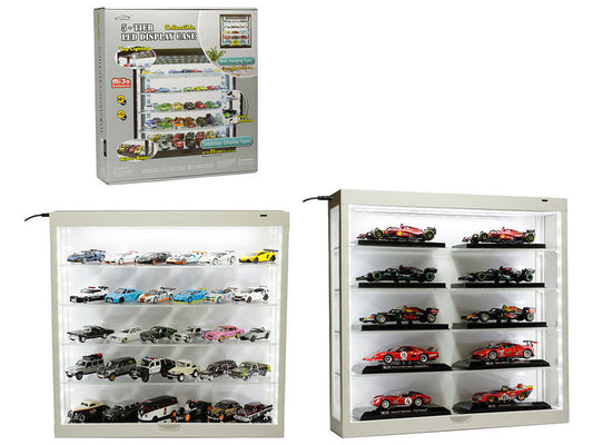 LED Showcase Wall Mount 5 Tier Display Case White with White Back Panel for 1/64-1/43 Scale Models