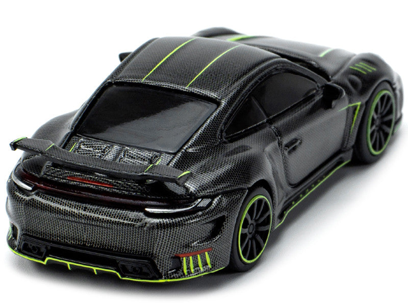 Porsche 992 Stinger GTR Carbon Black with Bright Green Stripes 1/64 Diecast Model Car by Pop Race