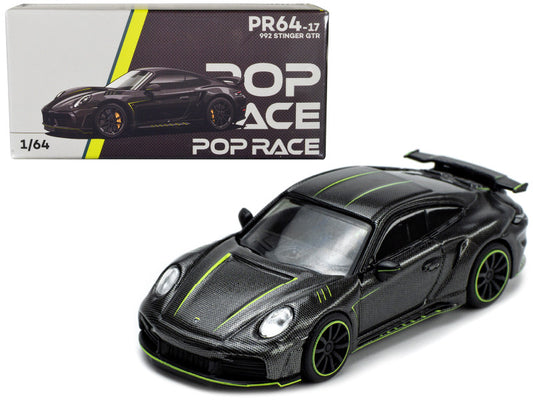 Porsche 992 Stinger GTR Carbon Black with Bright Green Stripes 1/64 Diecast Model Car by Pop Race